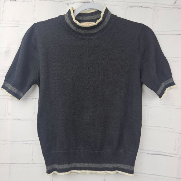 FORNARI Black Mock Neck Turtle Short Sleeve Striped Womens Large Wool Retro Crop - Picture 1 of 13